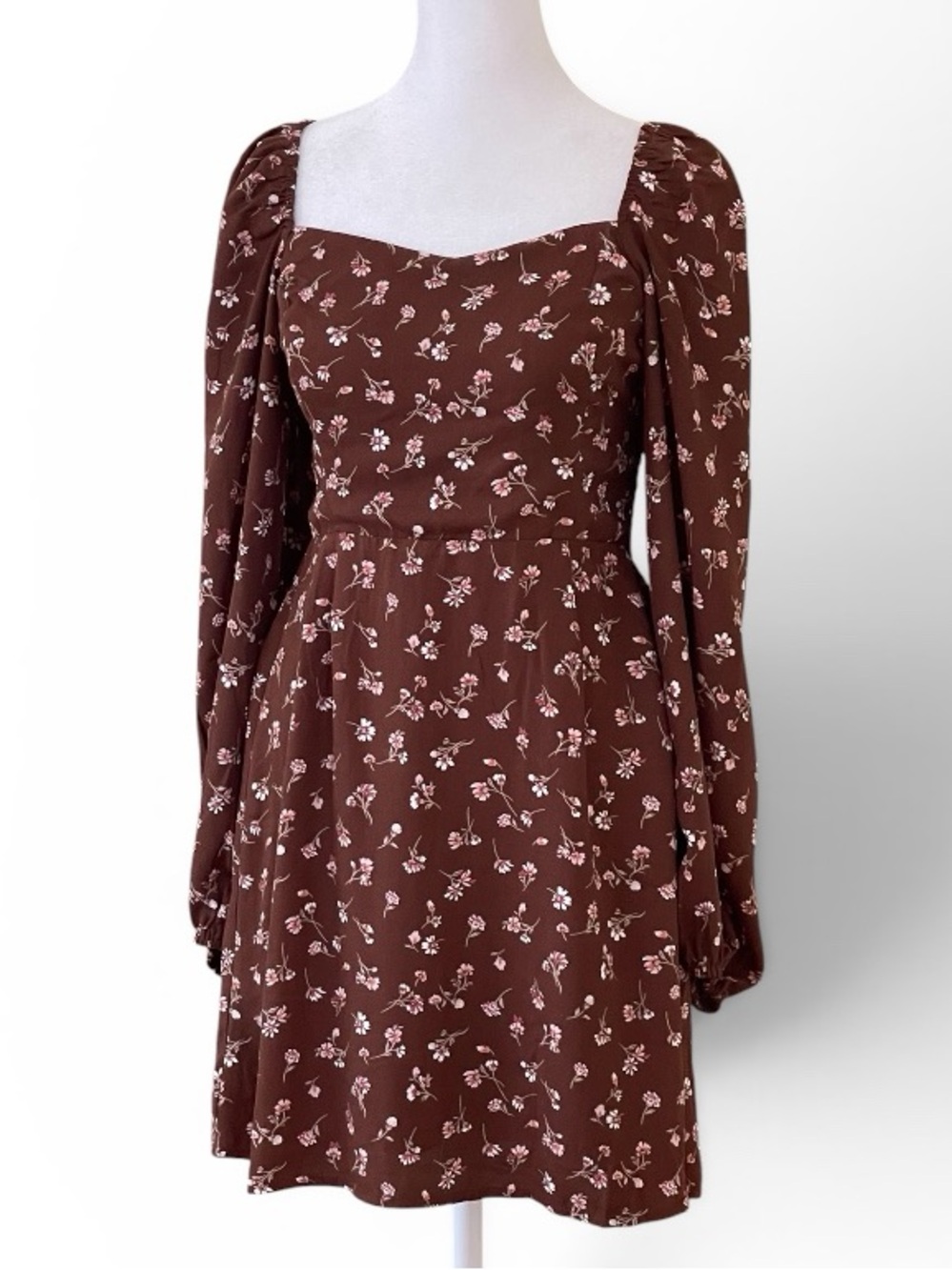 mi ami Francesca’s Brown Floral Square-Neck Long-Sleeve Mini Dress Sz S Tie Back